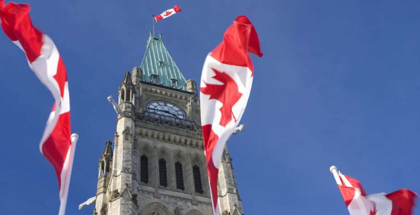 Canadian flags in front of Parliament of Canada.